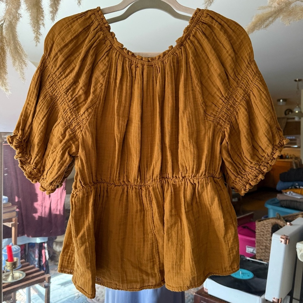 Old Navy Women's Cottage Core Peasant Mustard Yellow Blouse 100% Cotton - Picture 6 of 6